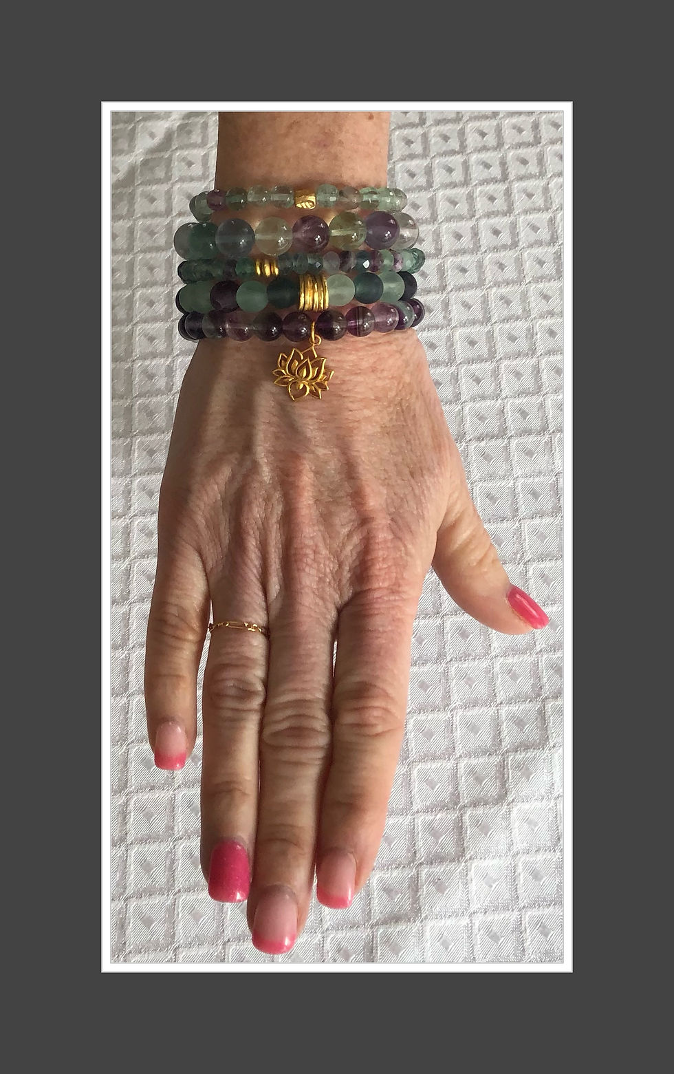 Thumbnail: Rainbow Fluorite Bracelet Stack w/ Lotus Charm