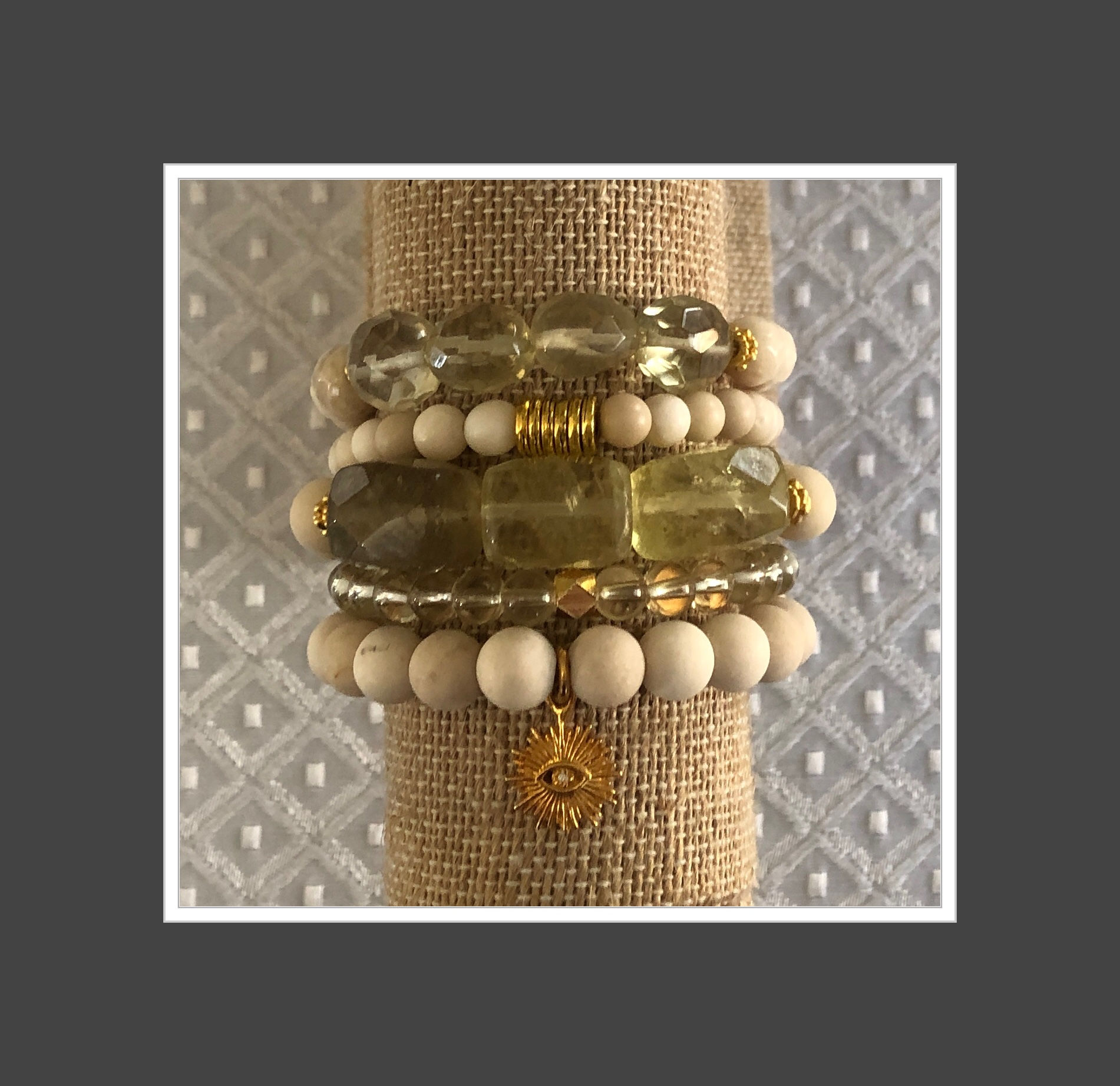 Lemon Quartz Bracelet Stack w/ Evil Eye/Sun Charm