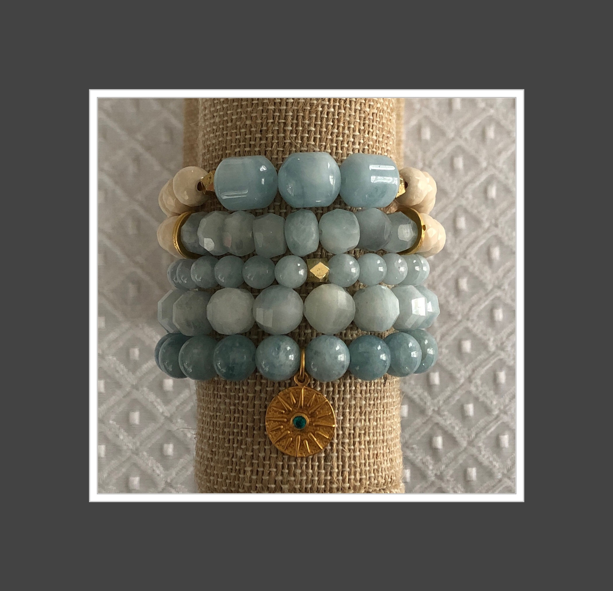 Aquamarine Bracelet Stack w/ Sun Charm
