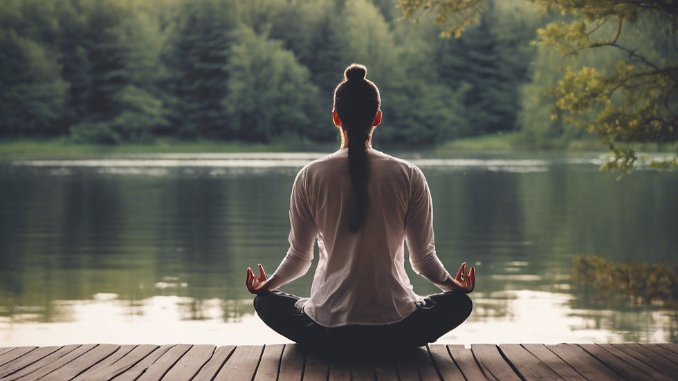 A photo of someone meditating on a deck by a small lake with their back to camera.jpg