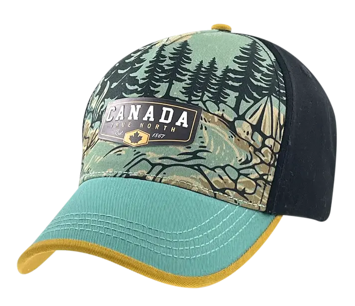 Blue baseball cap with lake by the trees scene