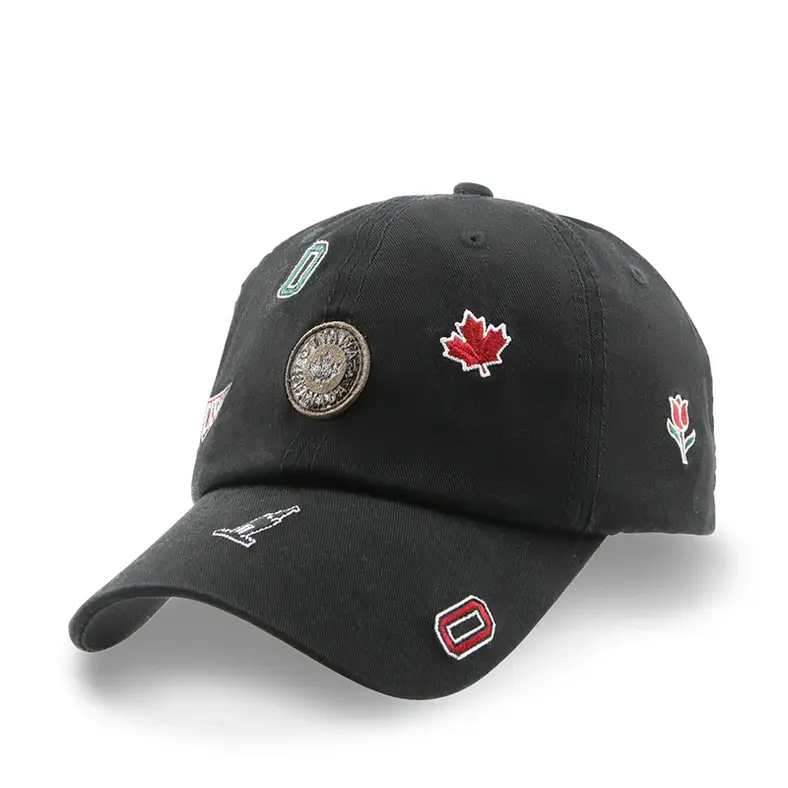 Right front view of black baseball cap with Ottawa icons embroidered patches all over