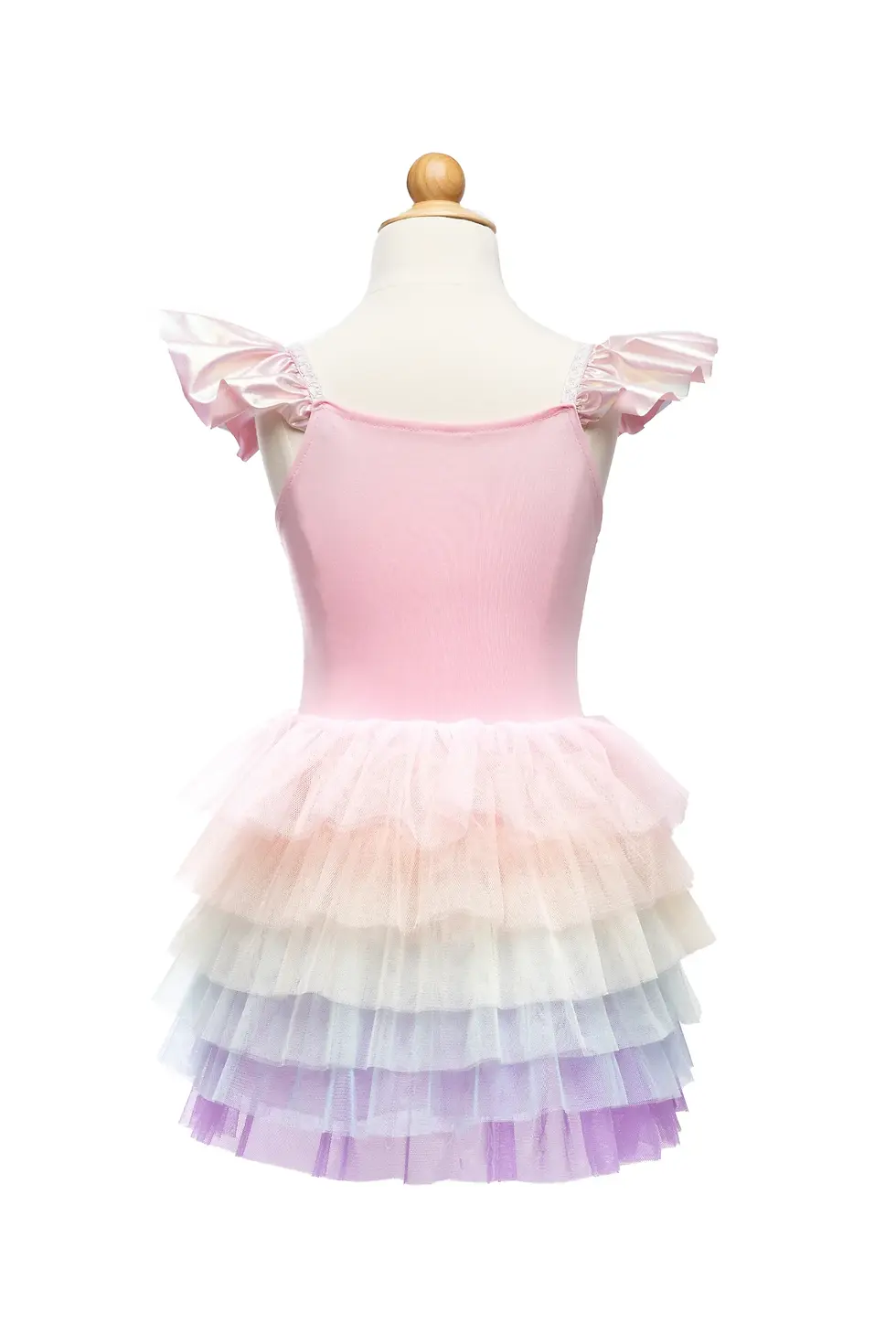 Thumbnail: Back view of dress with pink bodice and rainbow frills skirt
