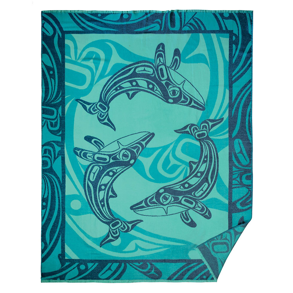 Rectangular woven blanket with print of artist Gordon White's Humpback Whale
