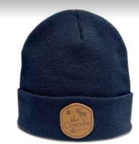 Nay knit beanie with small leather patch on front of brim with moose & 'Canada'