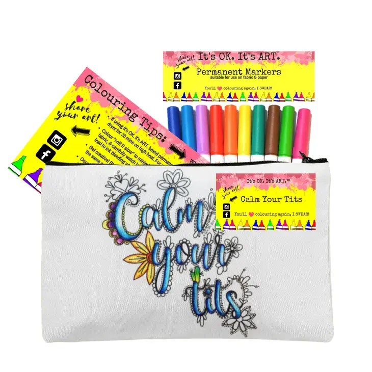 Zipper pouch stamped with black & white Calm Your Tits design, pack of 10 markers & coloring sheet