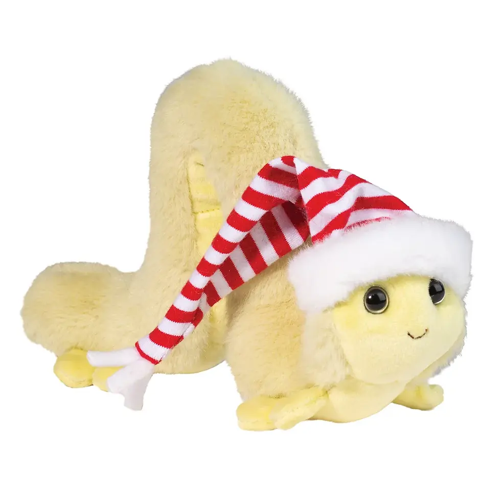 Yellow stuffed toy inchworm with red & white striped toque