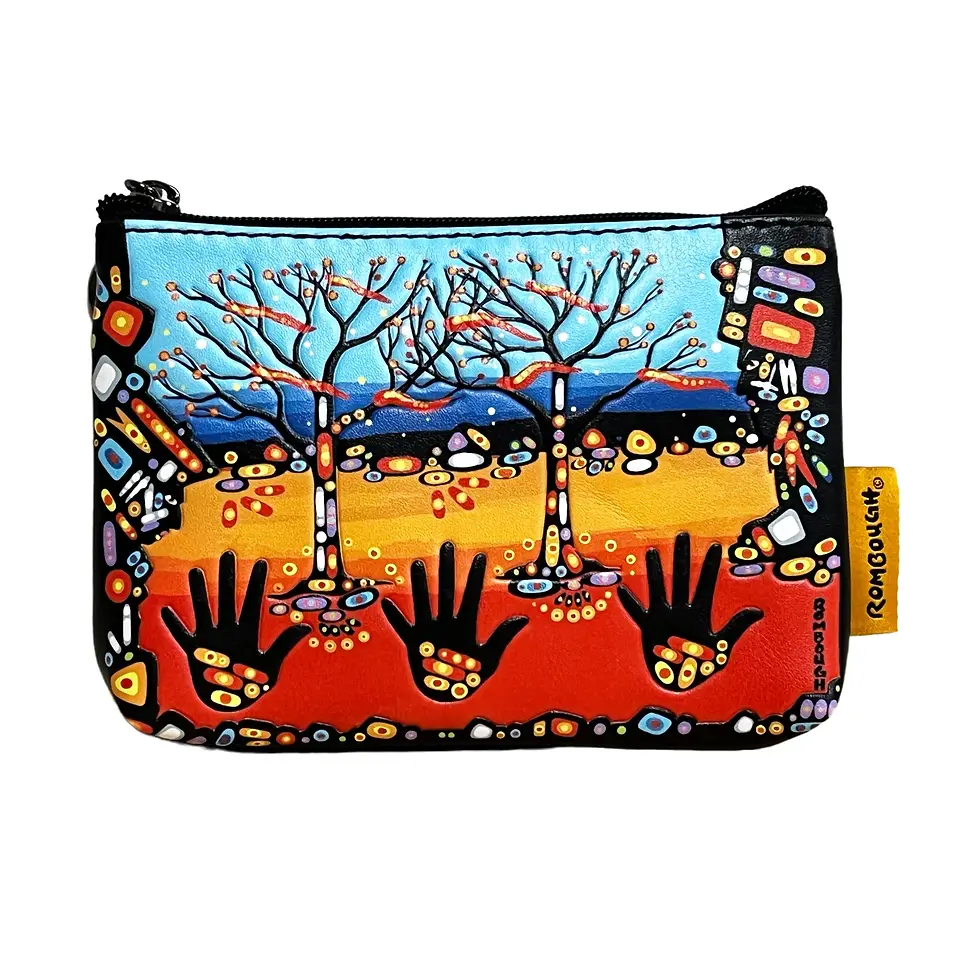 Front of rectangular zippered faux leather coin purse featuring John Rombough's painting 'Remember'