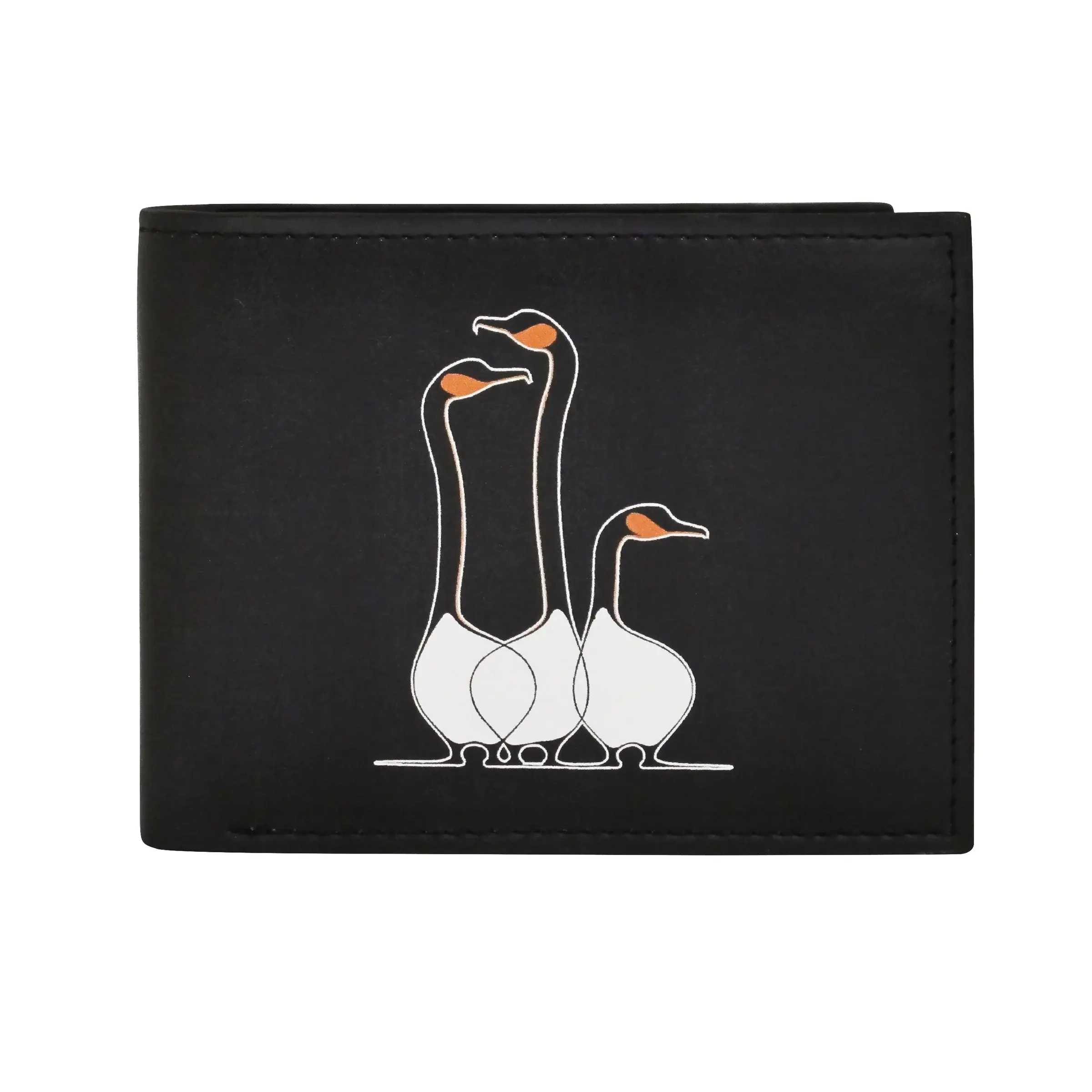 Front view of black folded wallet with reproduction of artist Benjamin Chee Chee's painting 'Friends'