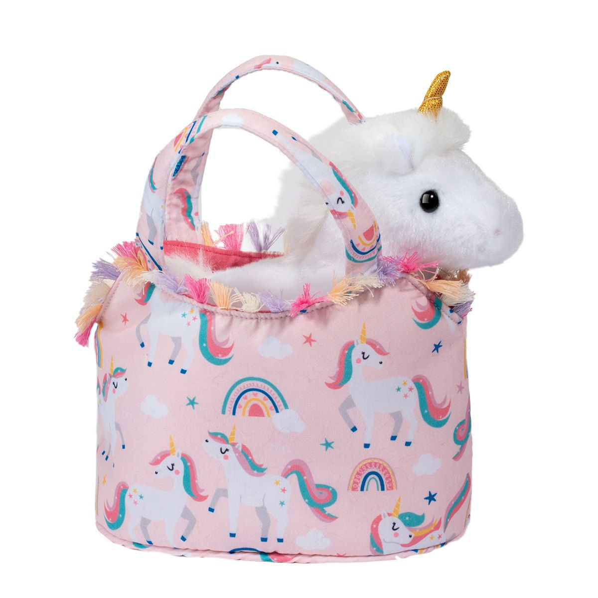 Side view of pink rainbows & unicorns print purse with white unicorn stuffed toy inside