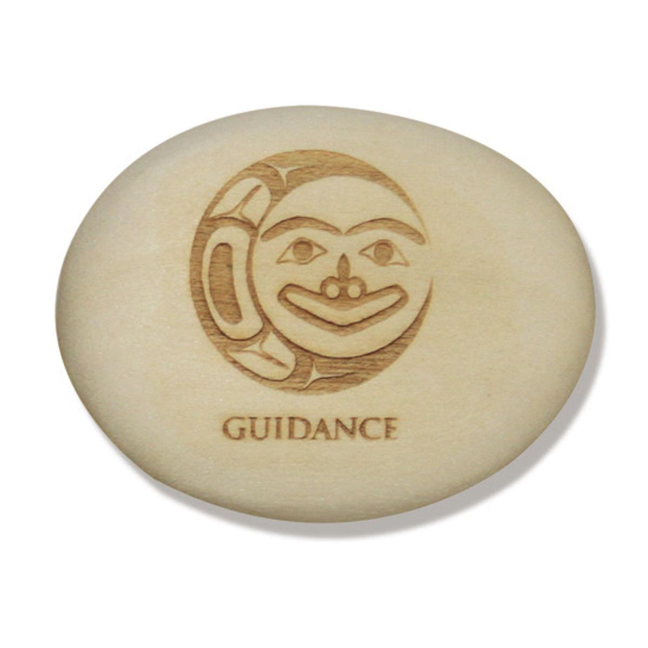 Oval shaped wood pocket charm engraved with artist Corey Bulpitt's 'Moon' & text 'Guidance'