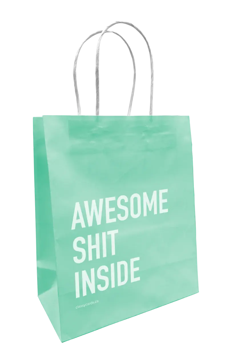 Mint green paper gift bag with handles, white text, 'Awesome Shit Inside'
