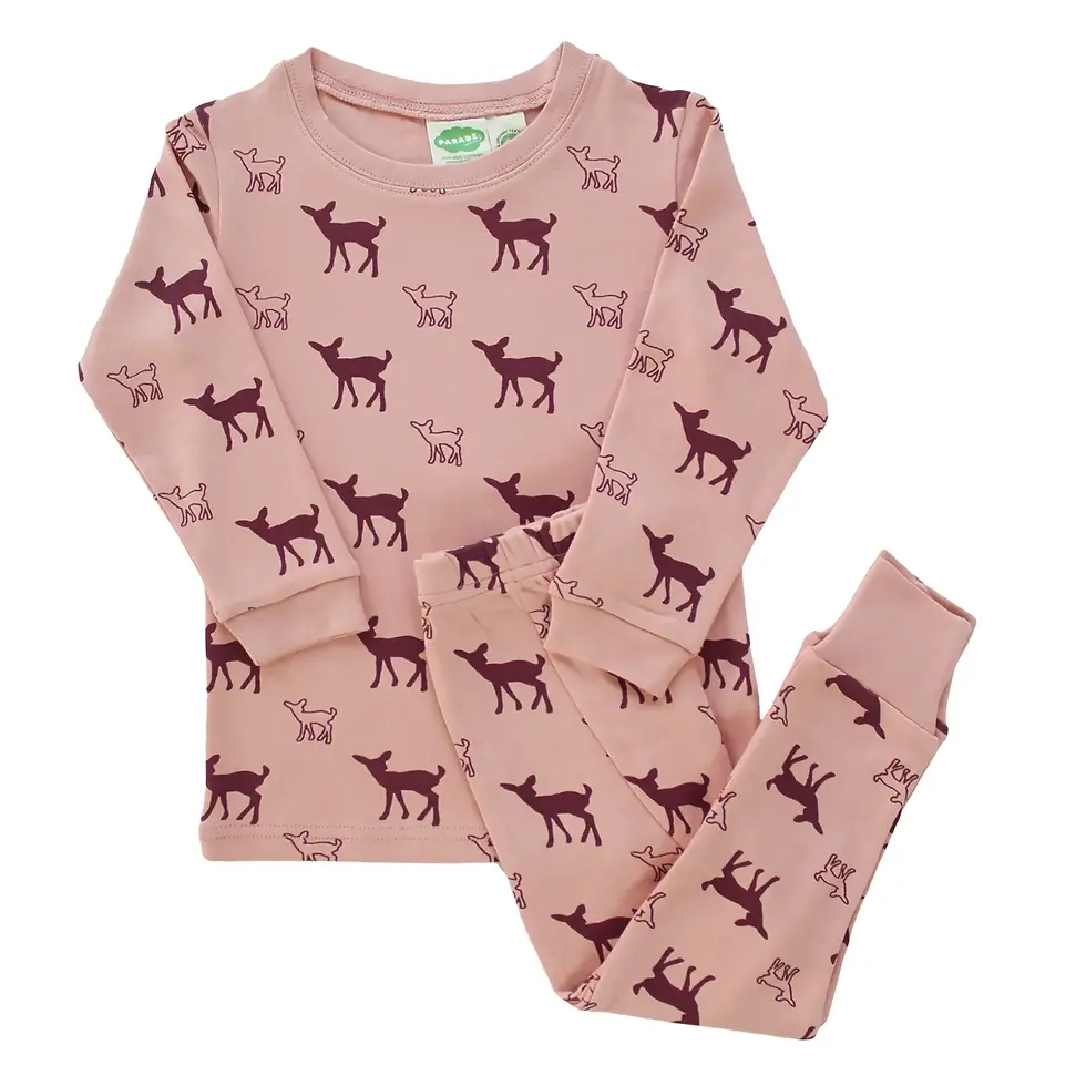 2 piece set of kids pajamas pink with dark pink deer print