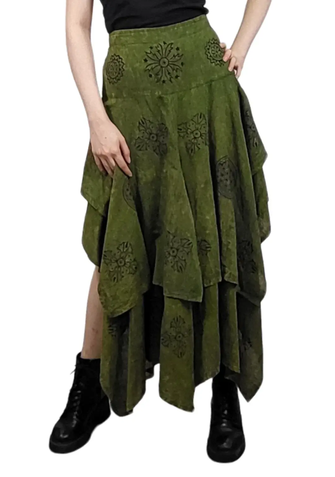 Front view of model wearing long multi-layered skirt with side slits in dark green cotton