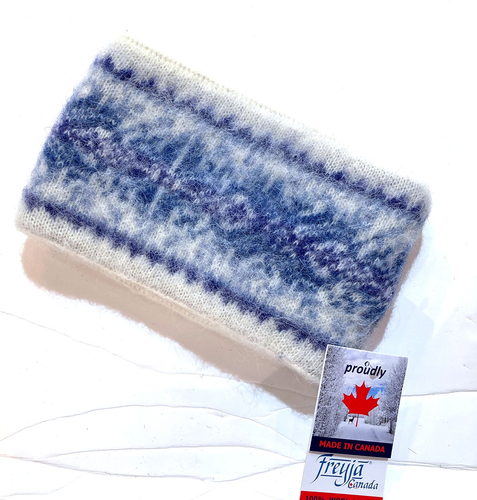 Ivory & periwinkle knitted wool headband in traditional Icelandic pattern