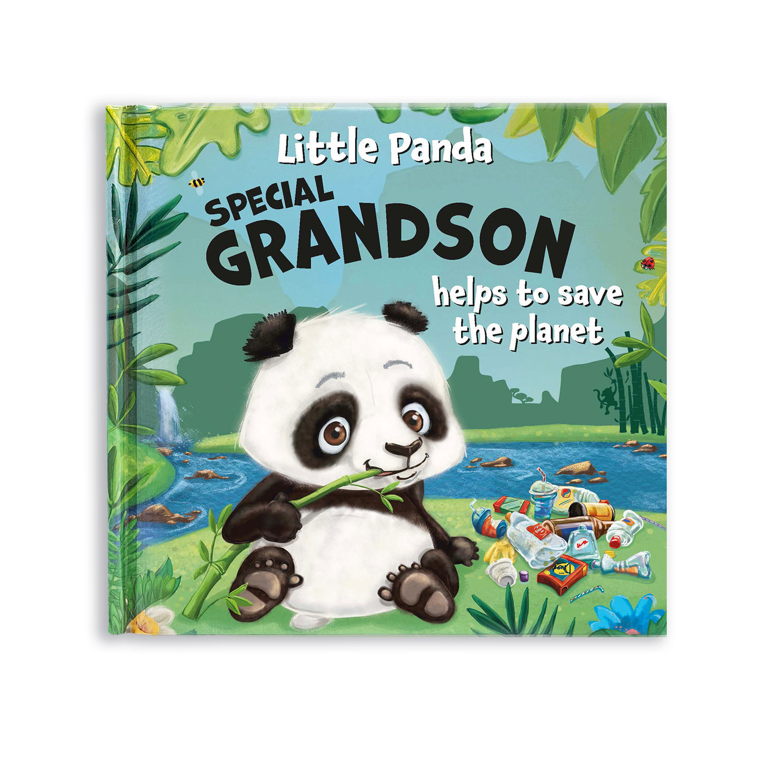 Green & blue book with picture of panda, title, 'Little Panda Special GRANDSON helps to save the planet'