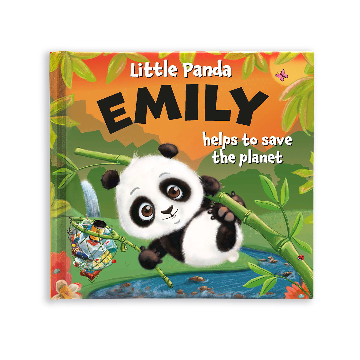 Green & orange book with picture of panda, title, 'Little Panda EMILY helps to save the planet'