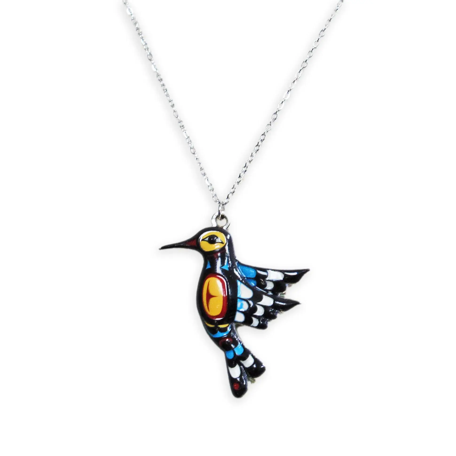 Hummingbird pendant necklace by Francis Dick featuring formline bird art at Quichua World Market in downtown Ottawa.
