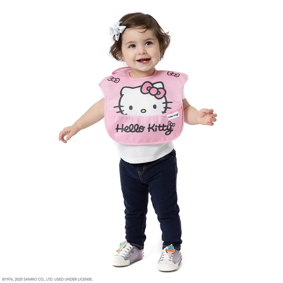 Thumbnail: Baby wearing pink Hello Kitty bib