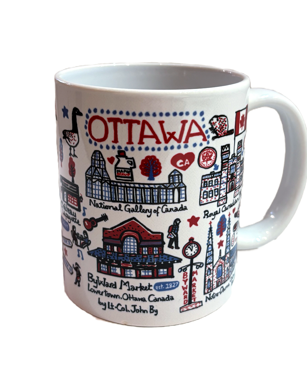 Front view of ByWard Market illustration by Julia Gash on mug at Tickled Pink Ottawa.