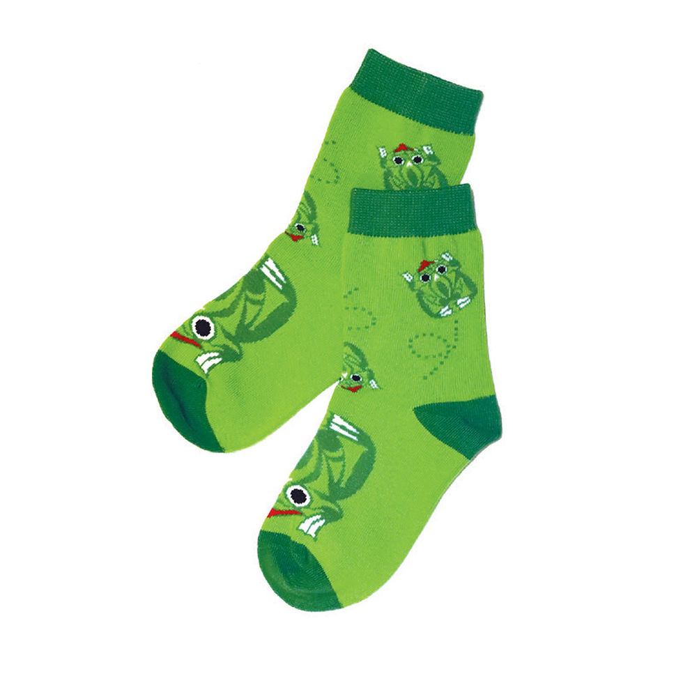Green kids socks with print of artwork by Maynard Johnny Jr. 'Frog'