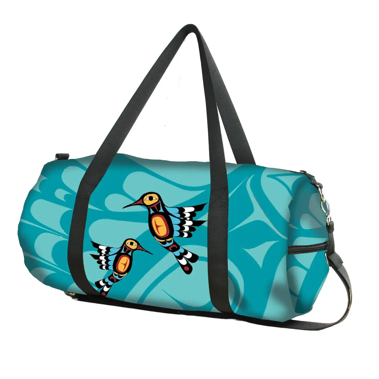 Long round 2 handled zippered travel bag printed with artist Francis Dick's painting, 'Hummingbird'