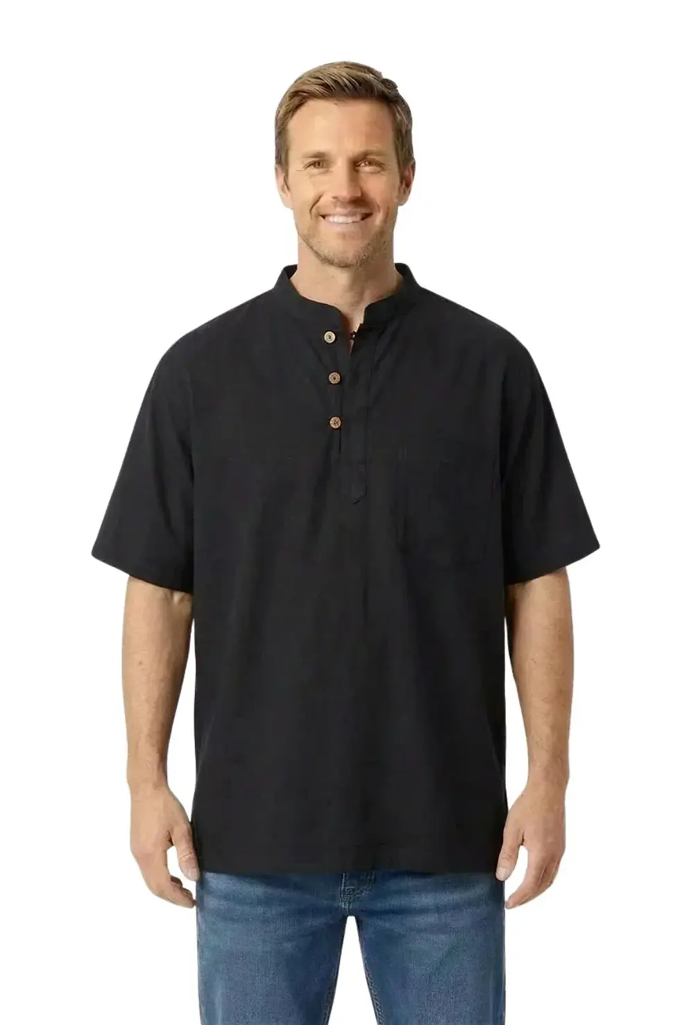 Thumbnail: Model wearing solid black short sleeved pullover shirt with mandarin collar, 3 wooden buttons at neck