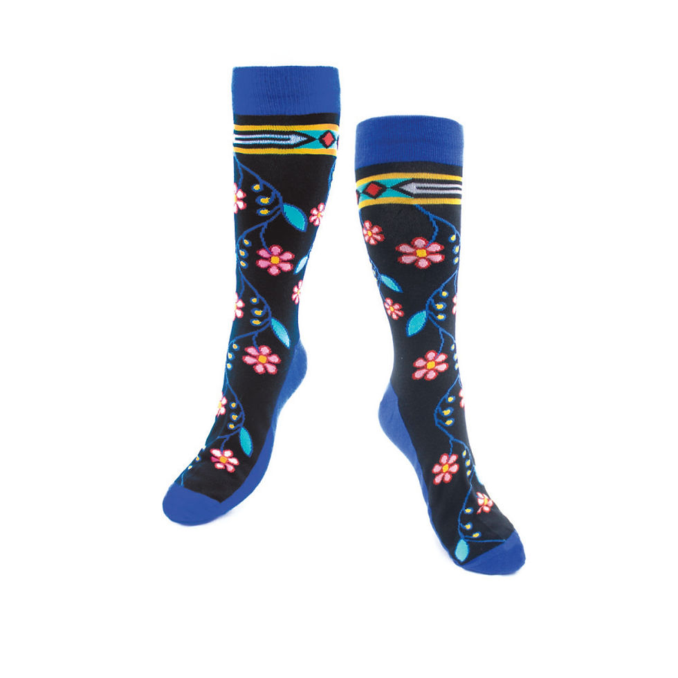 Blue & navy socks with print of artist Sharifah Marsden's design 'Hummingbird'
