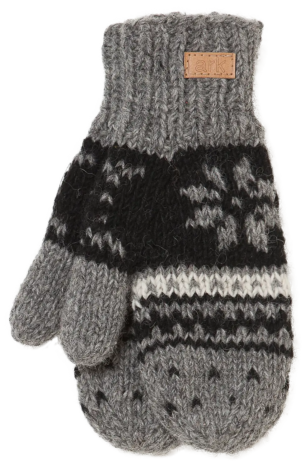Gray & black knit wool mittens with snowflake pattern