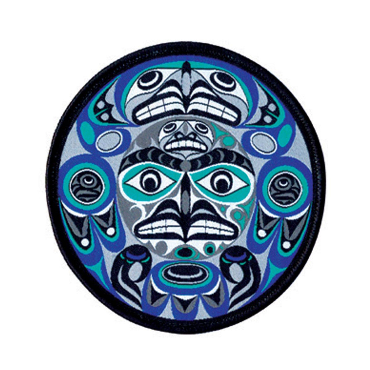 Teal, blue, black & white embroidered patch in shape of artist Joe Wilson-Sxwaset's 'Thunderbird Moon'