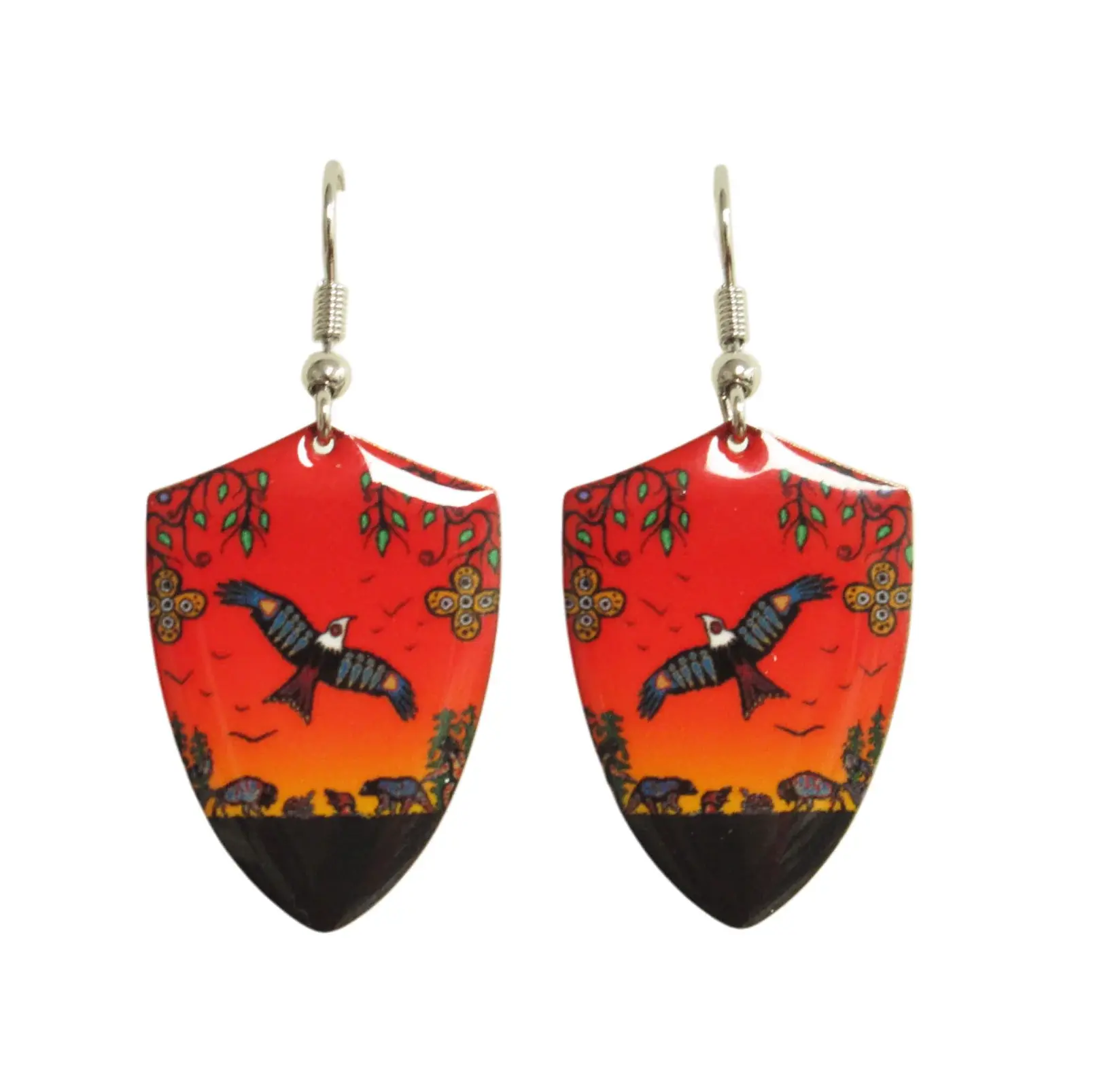 Seven Grandfather Teachings shield earrings by Cody Houle with sacred animal art at Quichua World Market in downtown Ottawa.