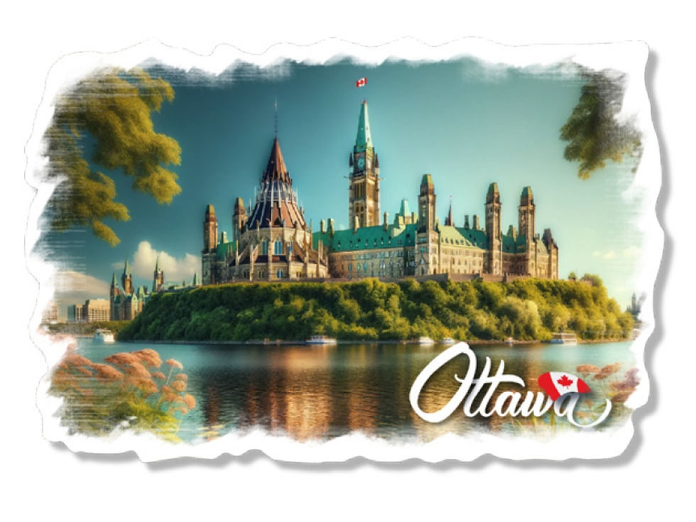 A wavy-edge souvenir postcard featuring a scenic river view of Ottawa Parliament Hill at Tickled Pink.