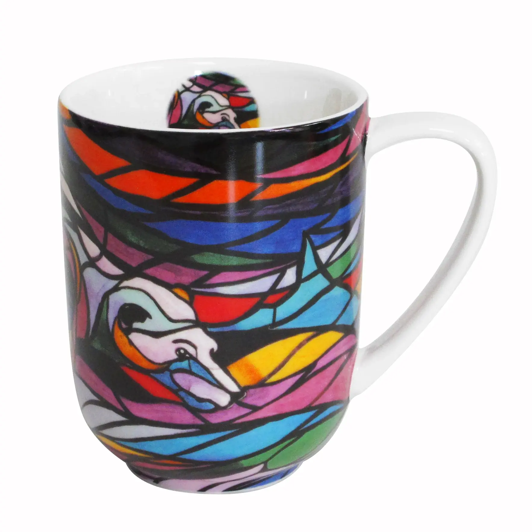 Front of multi colored coffee mug with reproduction of artist Don Chase's painting 'Salmon Hunter'