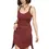 Thumbnail: Model wearing solid burgundy knee-length sleeveless A-line dress with scoop neck, tight waist & uneven tulip hemline