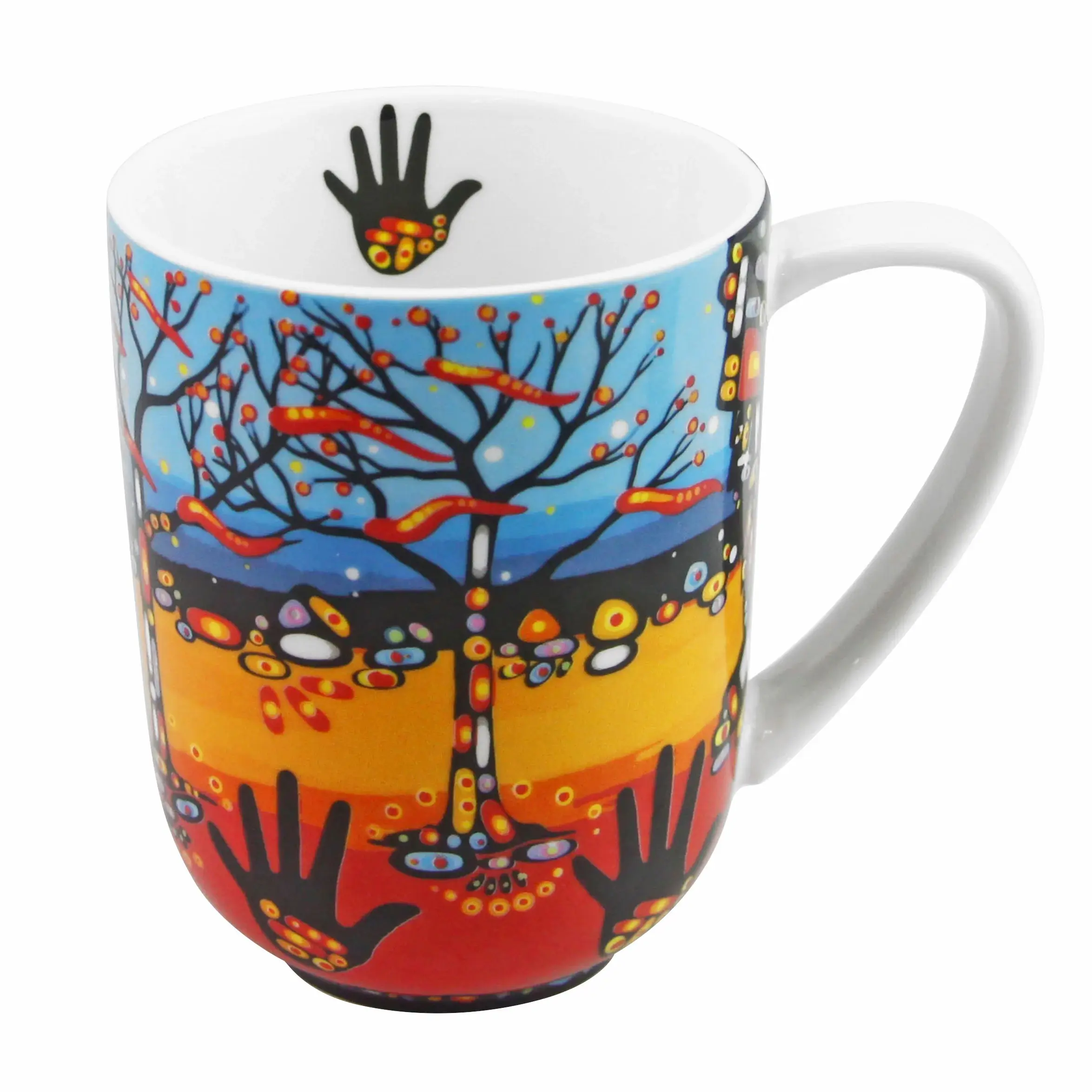 Front of orange, yellow & blue coffee mug with reproduction of artist John Rombough's painting 'Remember'
