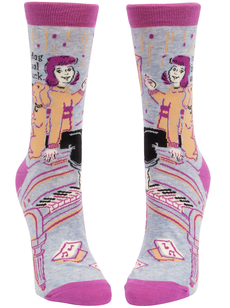 Front view of gray socks with pink & yellow image of girl & dog, text 'My Dog is Cool as Fuck'