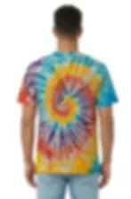 Back view of model wearing short sleeved psychedelic tie-dye t-shirt