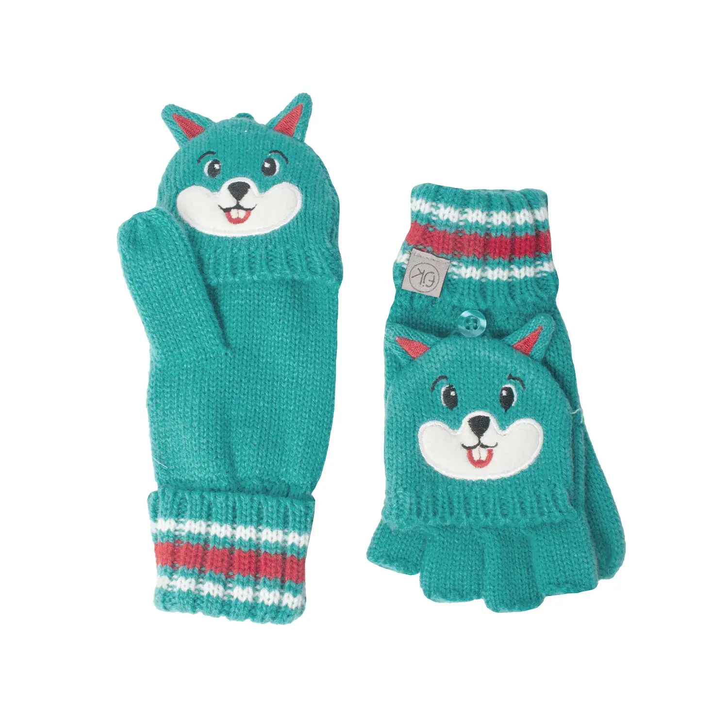 Knitted teal fingerless gloves with flap & squirrel faces