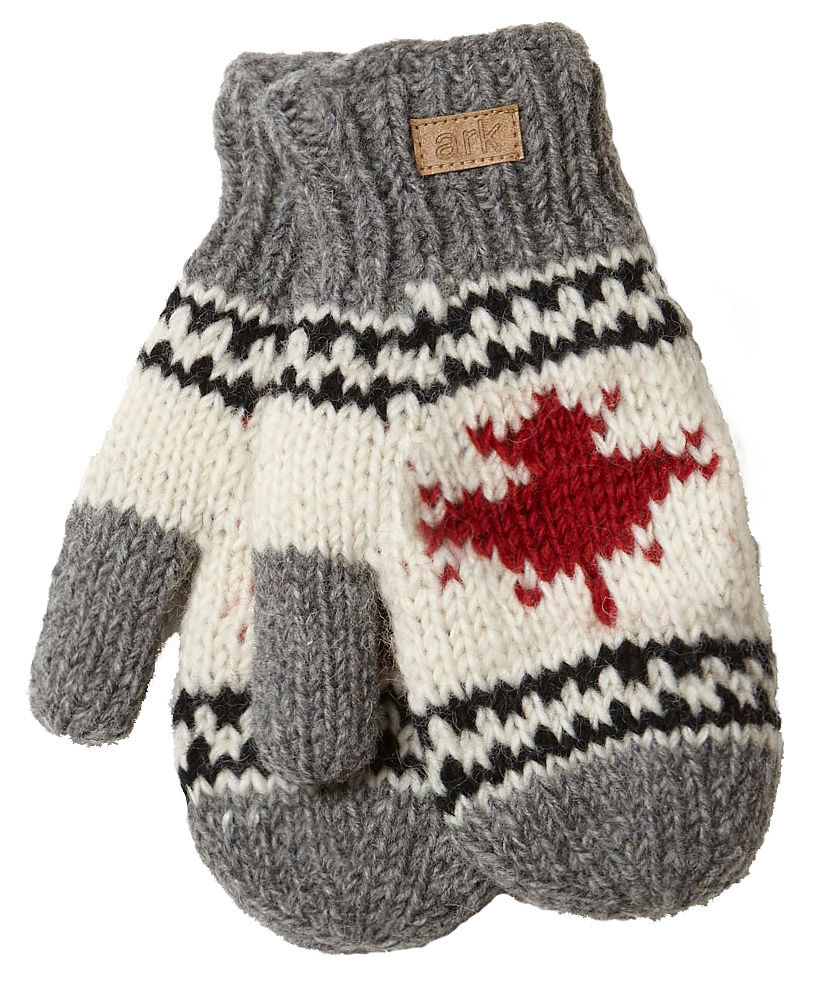 Gray, black, red & white wool knit mitts with maple leaf on back of hand