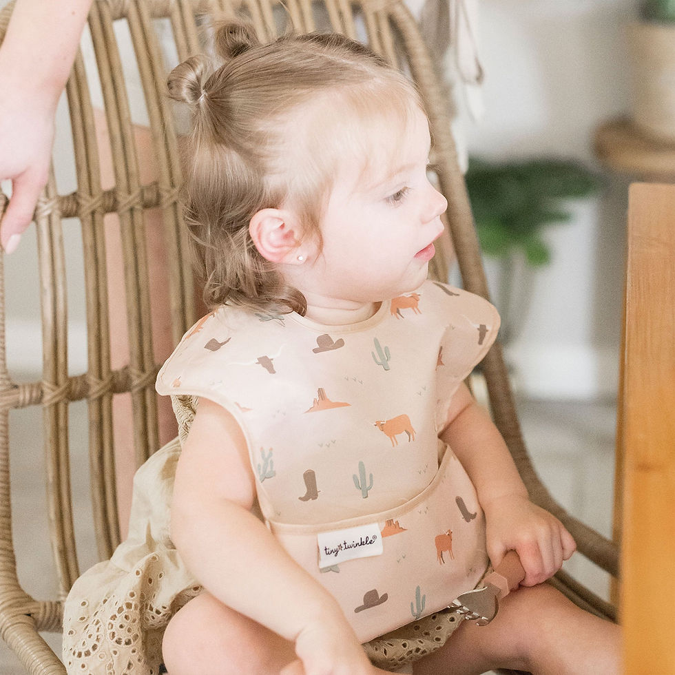 A toddler in a wicker chair wearing a Western cowboy pattern Tiny Twinkle easy bib at Tickled Pink.