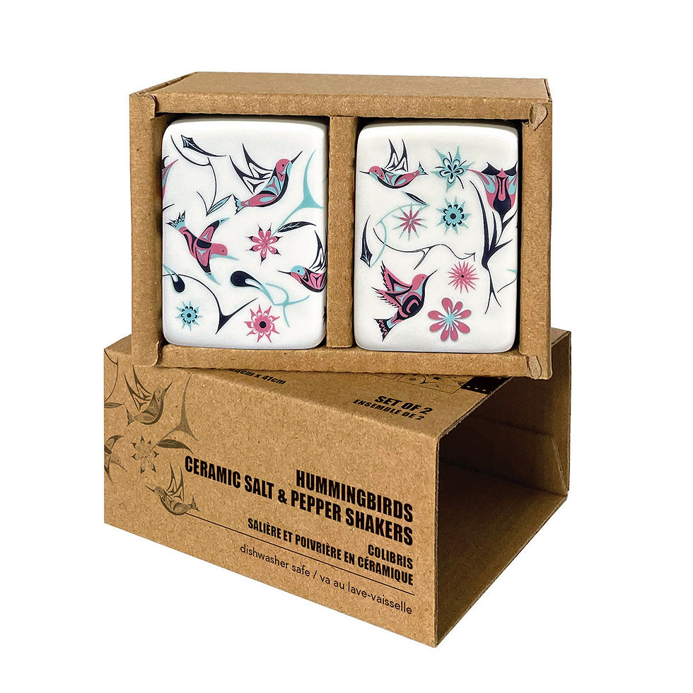 Thumbnail: Set of rectangular salt & pepper shakers printed with artist Nicole La Rock's 'Hummingbirds', boxed