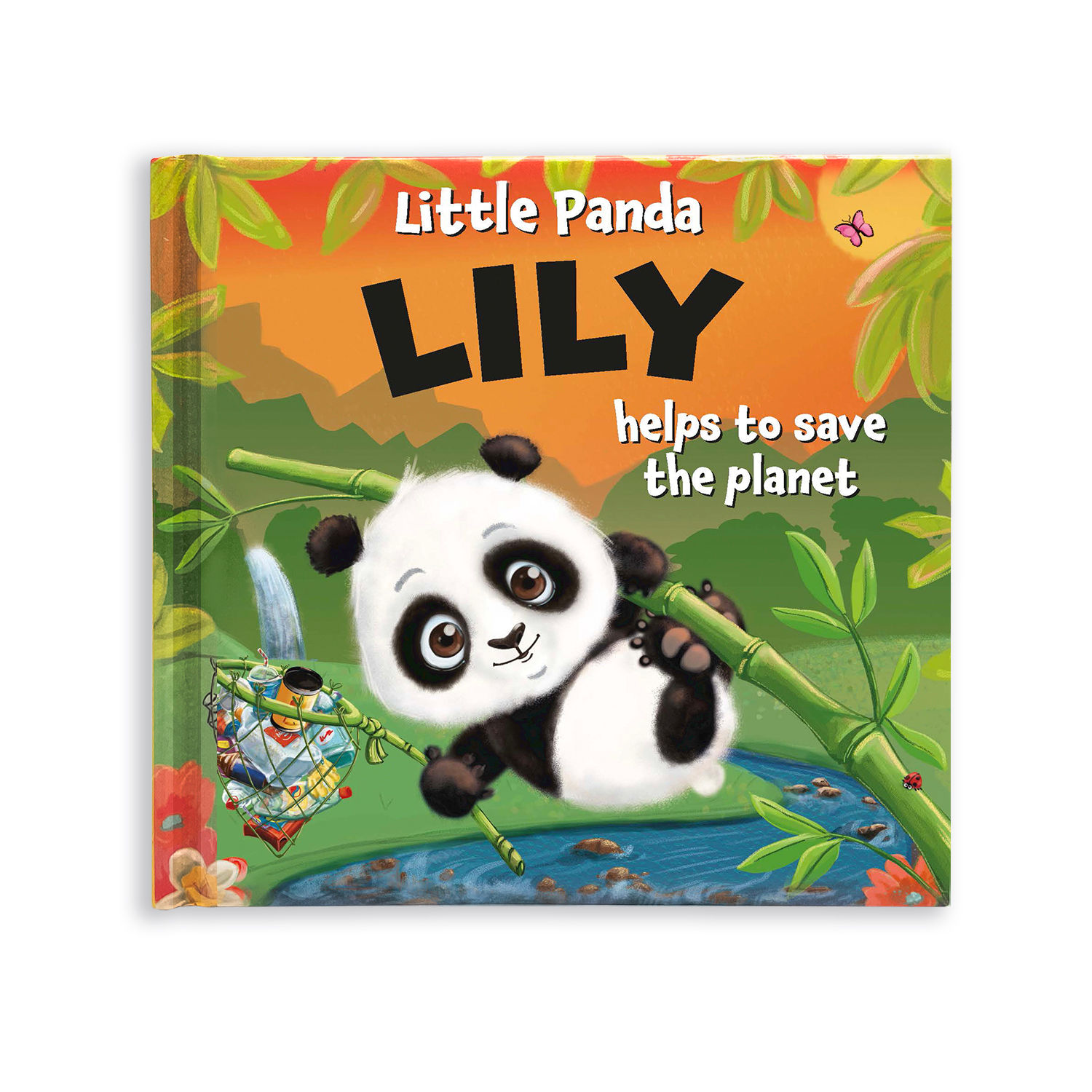 Green & orange book with picture of panda, title, 'Little Panda LILY helps to save the planet'