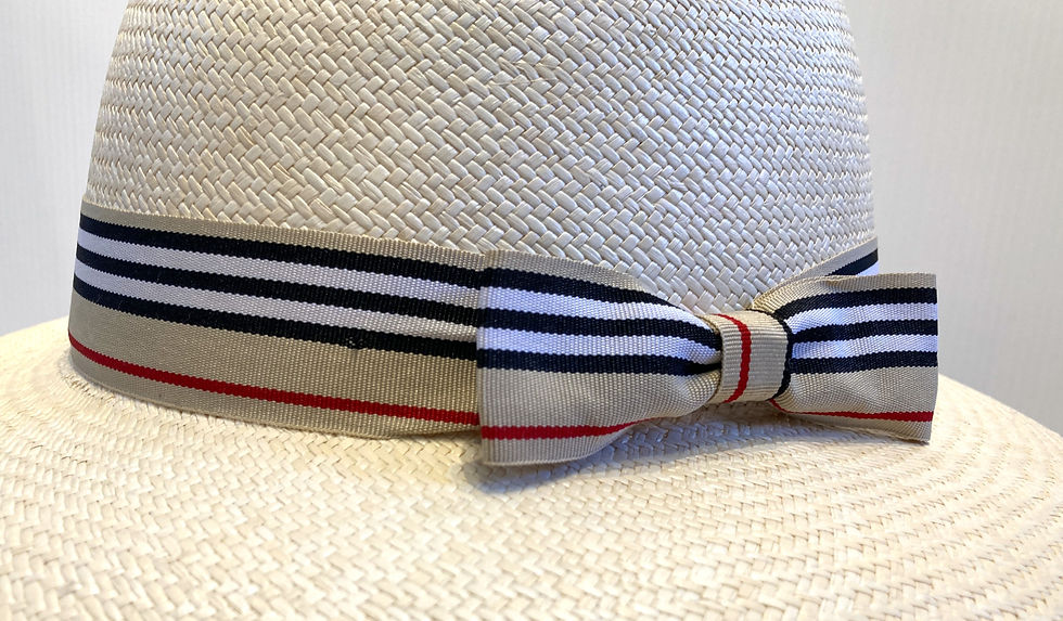 Thumbnail: Close up of tan striped band & bow on natural panama hat