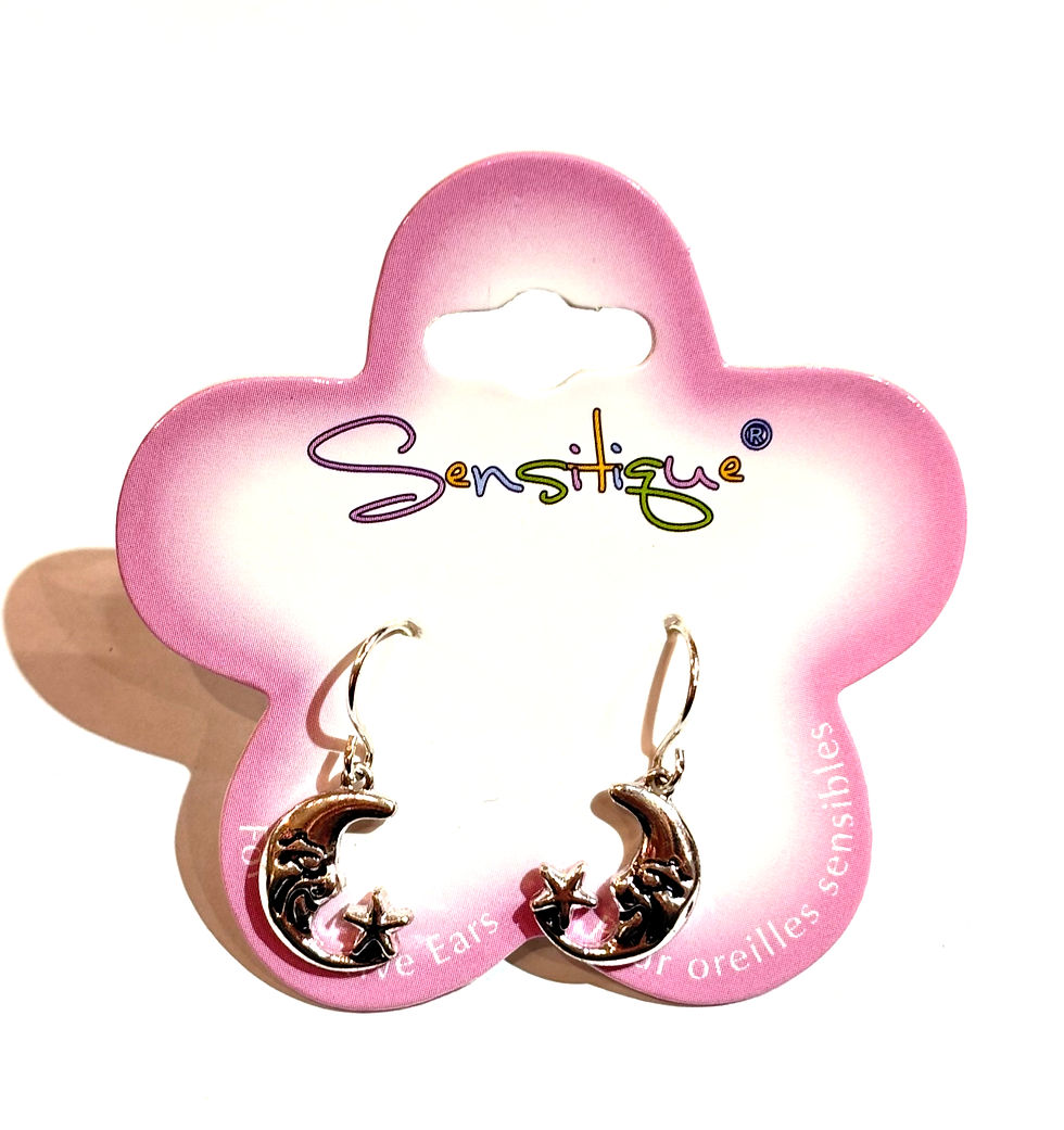 Pink & white flower shaped card holding pair of silver colored metal earrings in shape of crescent moon & star with fish hook