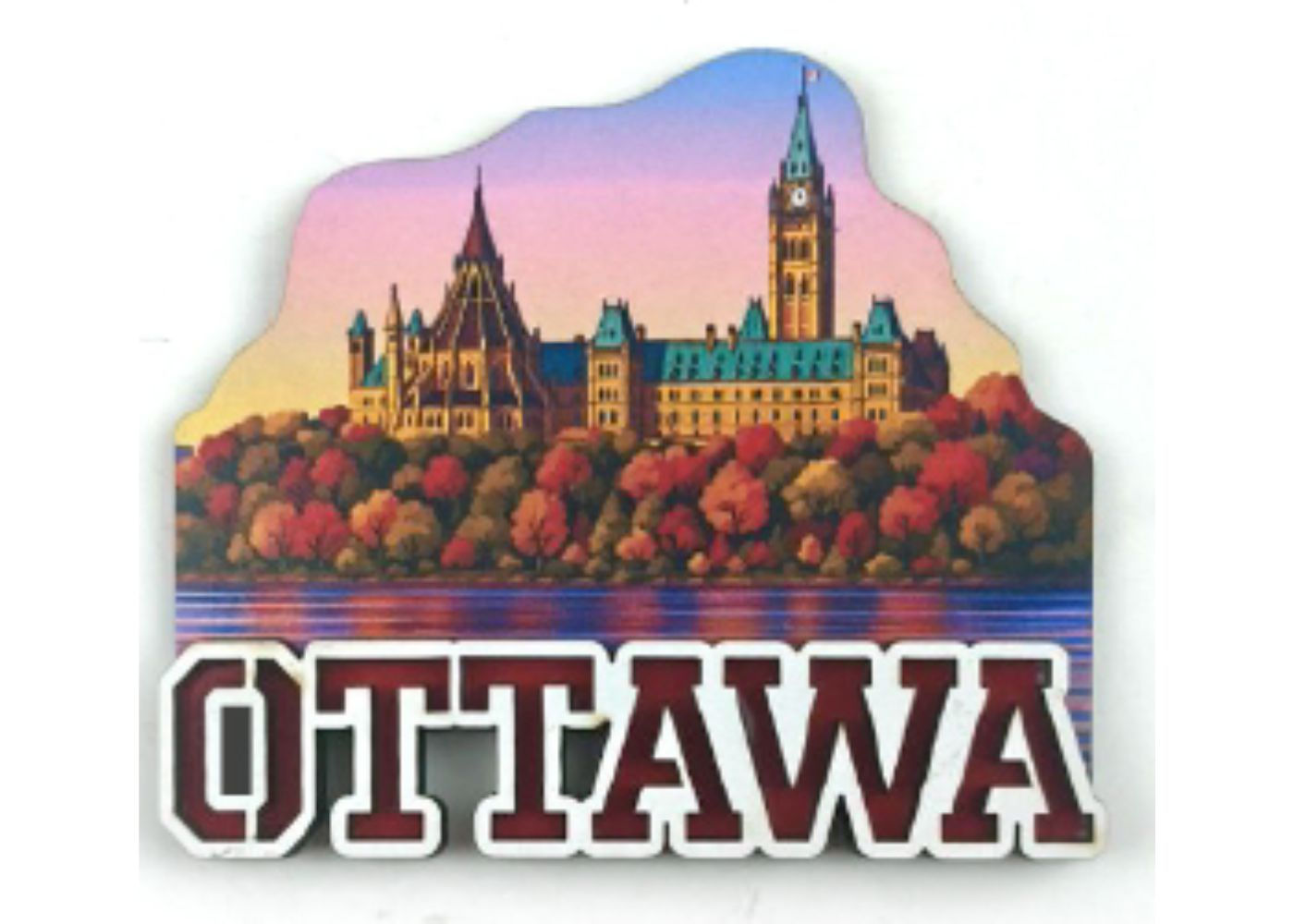 A 2D wooden souvenir magnet featuring Parliament Hill surrounded by fall foliage with OTTAWA text at Tickled Pink.