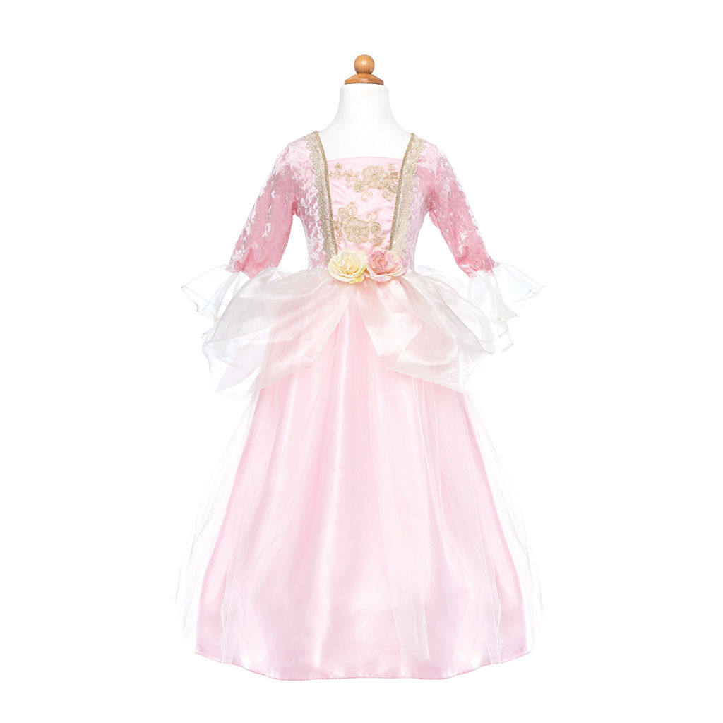 Front view of floor length pink princess dress with gold trim at bodice, 2 large roses at waist