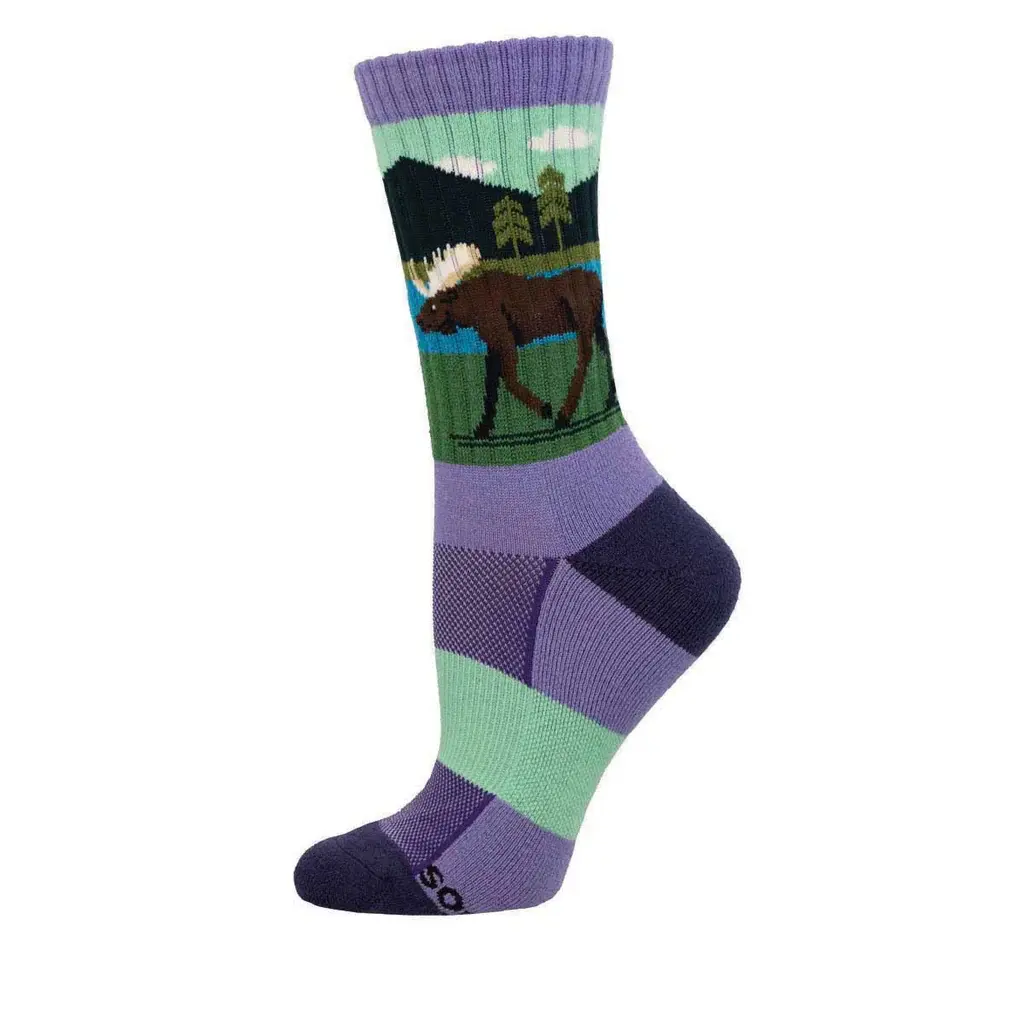 Green & purple sock with print of brown moose, lake, mountain, trees & sky