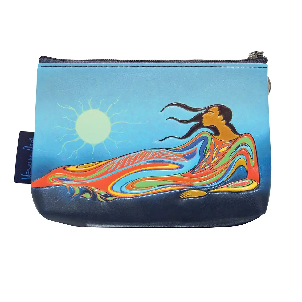 Front of rectangular zippered faux leather coin purse featuring artist Maxine Noel's painting "Mother Earth"