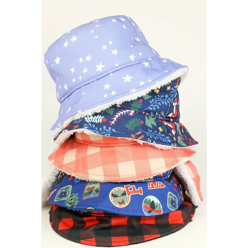 Thumbnail: Stack of 5 designs of children's winter bucket hats with fleece lining, ear flaps & chin strap