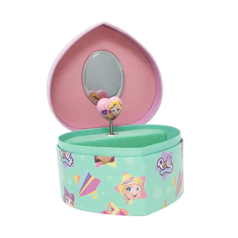 Front view of open green & pink musical jewel box with Polly Pocket theme